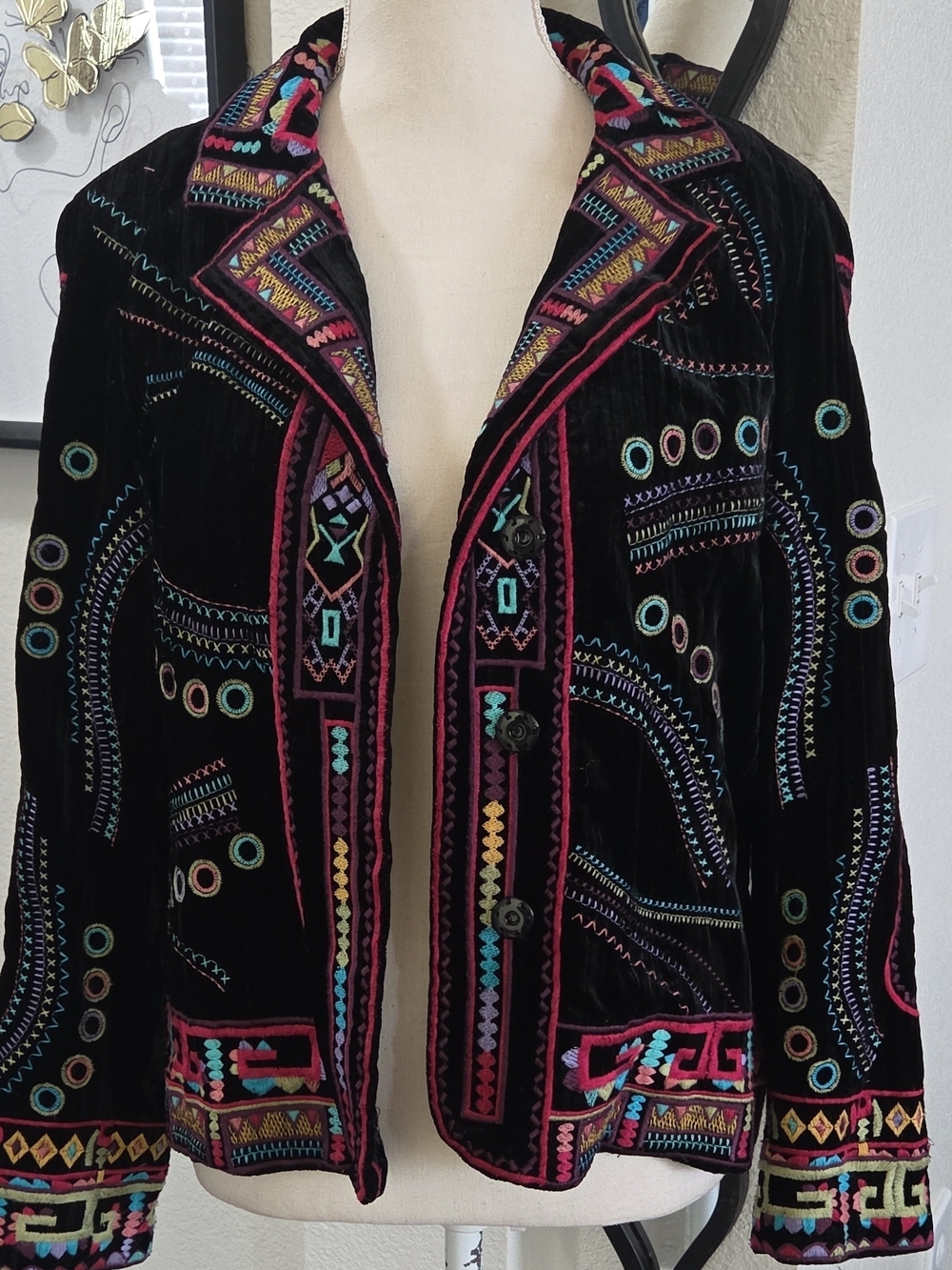 Coldwater Creek Black Velvet Blazer with Multicolor Embroidery